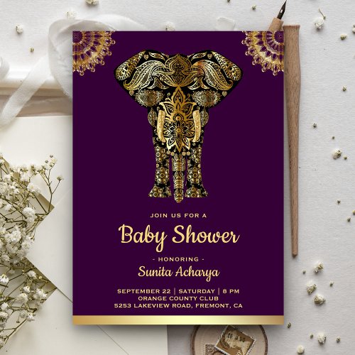Purple Gold Elephant Indian Baby Shower Invitation