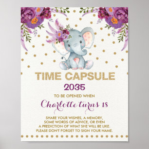 Purple Gold Elephant Time Capsule Birthday Sign