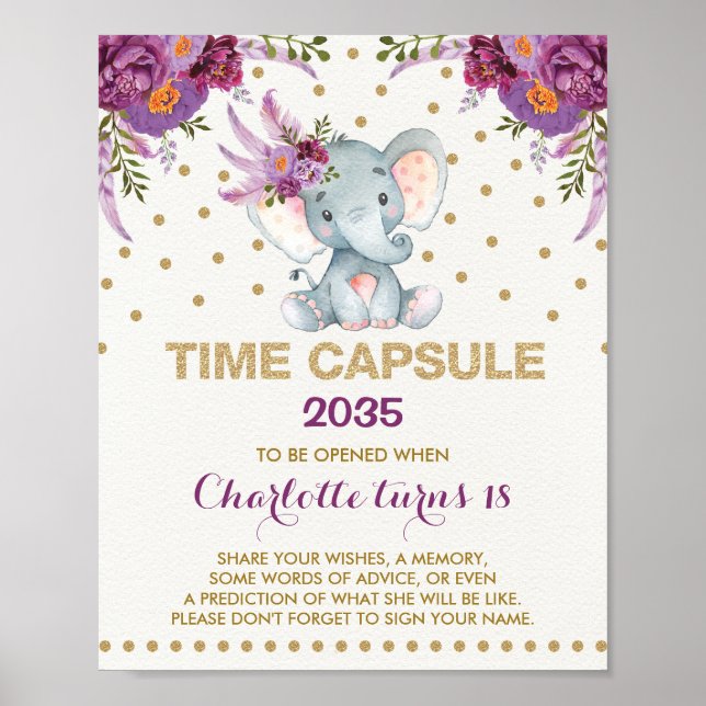 Purple Gold Elephant Time Capsule Birthday Sign (Front)