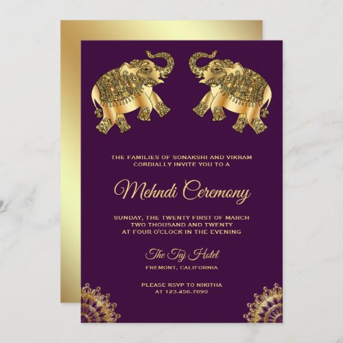Purple Gold Elephants Indian Henna Mehndi Ceremony Invitation