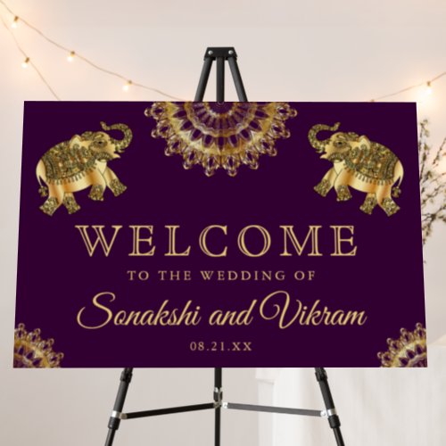 Purple Gold Ethnic Elephant Indian Wedding Welcome Foam Board