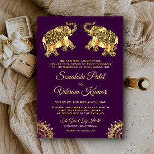 Purple Gold Ethnic Elephants Indian Wedding Invitation