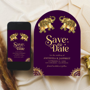 Purple Gold Ethnic Elephants Indian Wedding Save The Date