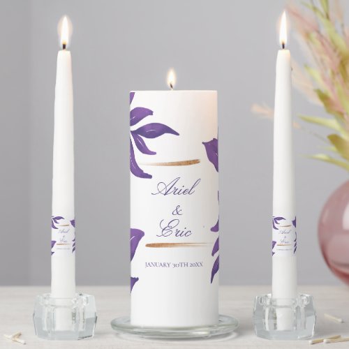 Purple  Gold Eucalyptus Elegant Wedding Unity Candle Set