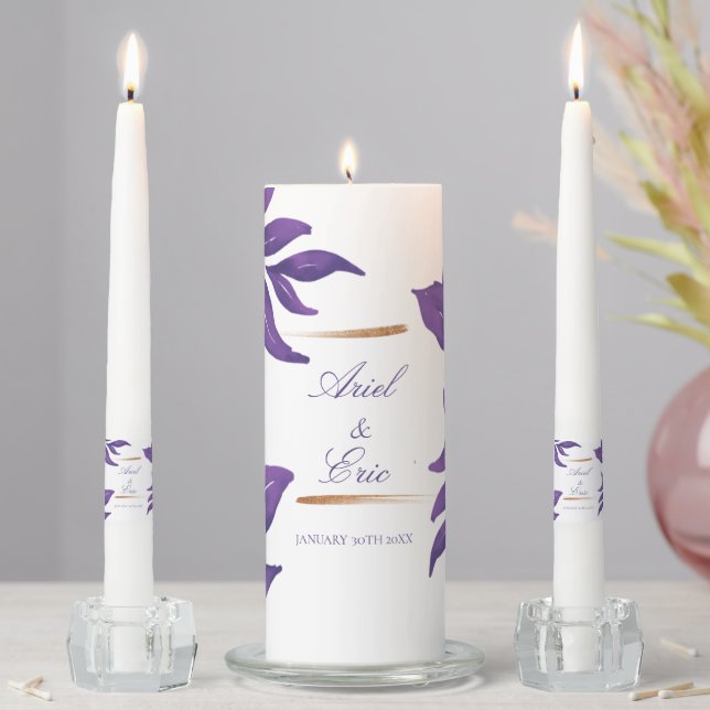 Purple & Gold Eucalyptus Elegant Wedding Unity Candle Set (In Situ)