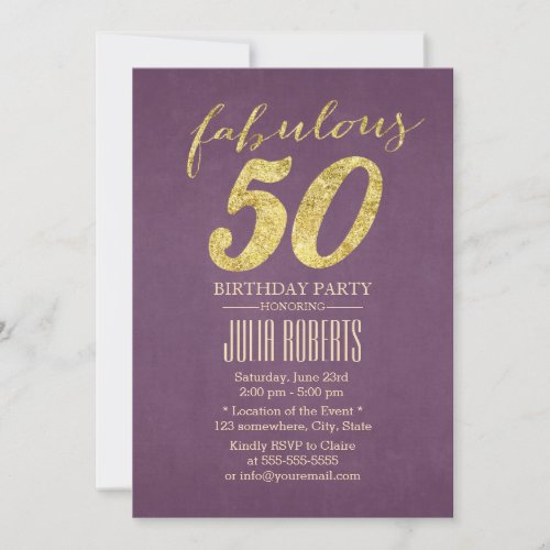 Classy Purple &amp; Gold Fabulous 50 Birthday 5x7 Paper Invitation Card
