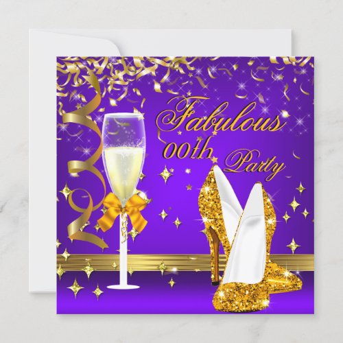 Purple Gold Fabulous Champagne Heels Birthday Invitation