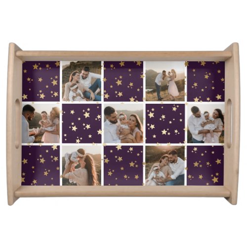 Purple Gold Family Photo Collage Christmas Holiday Serving Tray