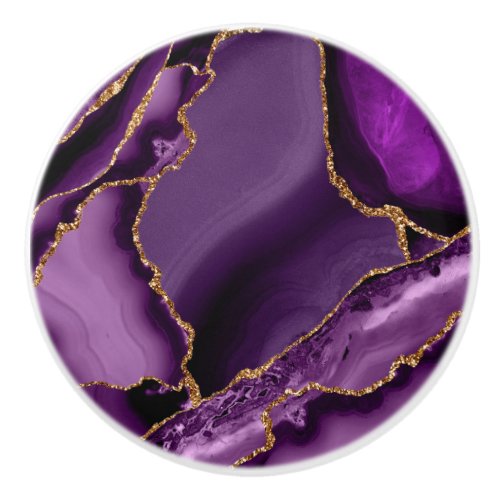 Purple Gold Faux Glitter Agate Geode Ceramic Knob