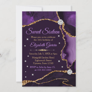 Purple & Gold Faux Glitter Agate Sweet 16 Invitation