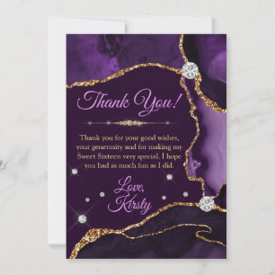 Purple & Gold Faux Glitter Agate Sweet 16 Thank You Card