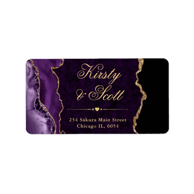 Purple & Gold Faux Glitter Agate Wedding Label (Front)