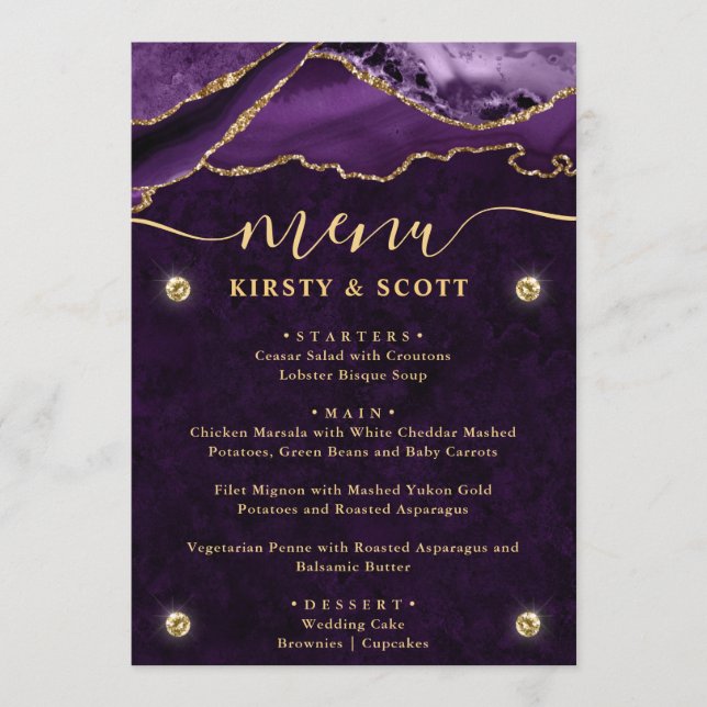 Purple & Gold Faux Glitter Agate Wedding Menu (Front)