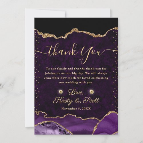 Purple  Gold Faux Glitter Agate Wedding Thank You Card