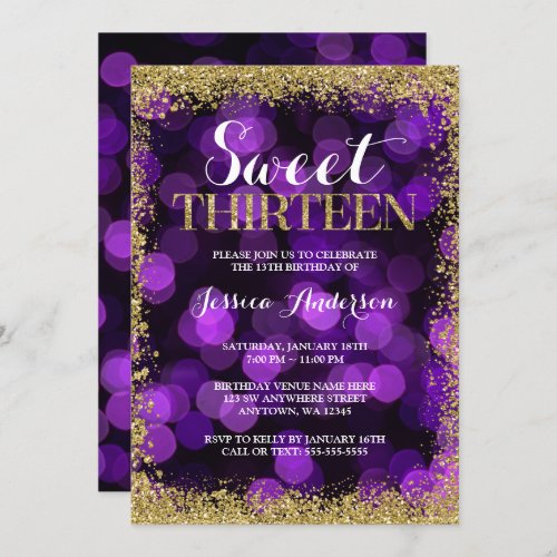 Purple Gold Faux Glitter Lights Sweet 13 Birthday Invitation