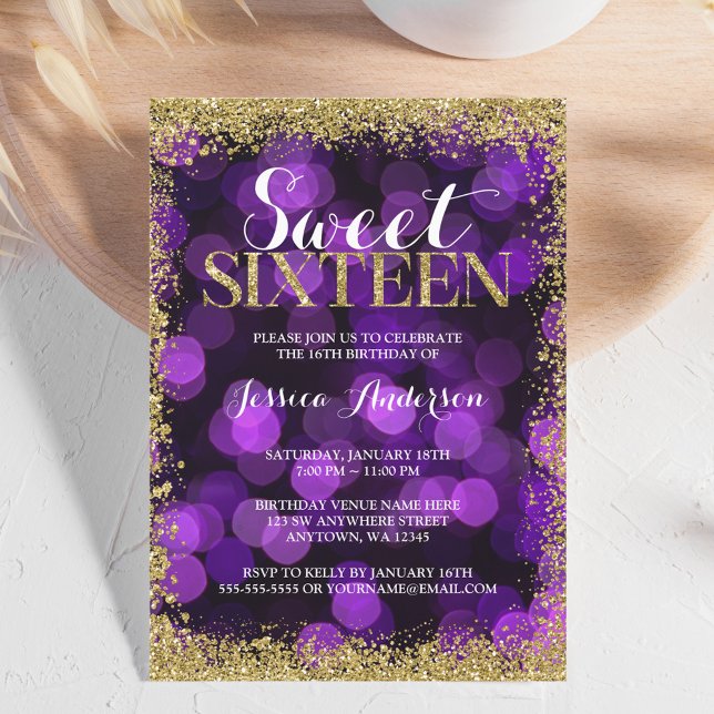 Purple Gold Faux Glitter Lights Sweet 16 Birthday Invitation (Creator Uploaded)