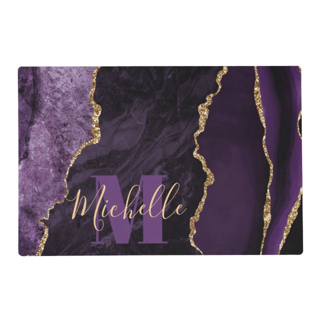 Purple & Gold Faux Glitter Marble Agate Placemat (Front)