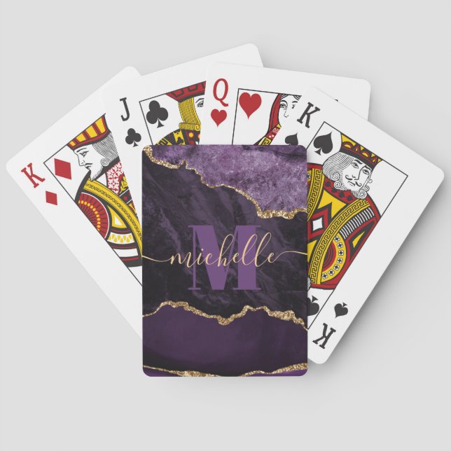 Purple & Gold Faux Glitter Marble Agate Poker Cards (Back)