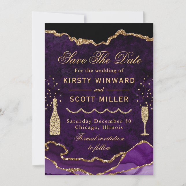 Purple & Gold Faux Glitter Marble Agate Wedding  Save The Date (Front)