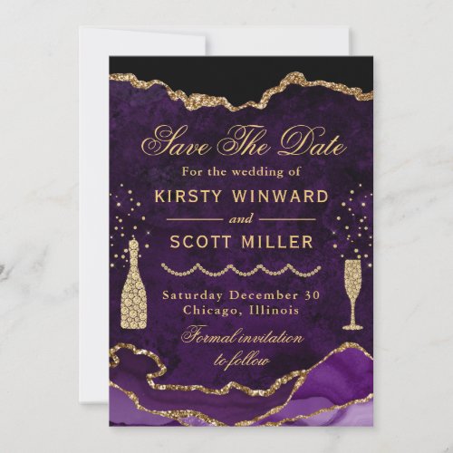 Purple  Gold Faux Glitter Marble Agate Wedding  Save The Date