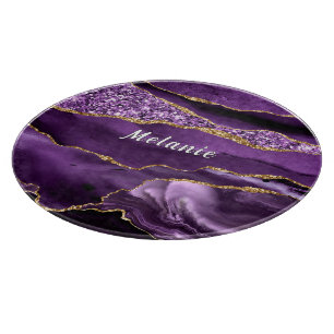 Purple Gold Faux Marble Custom Name Cutting Board