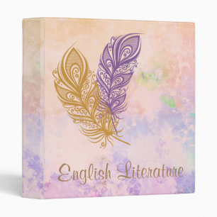 Purple & Gold Feathers Peach Watercolor Fantasy 3 Ring Binder