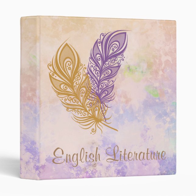 Purple & Gold Feathers Peach Watercolor Fantasy 3 Ring Binder (Front/Spine)