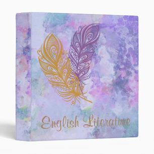 Purple & Gold Feathers Watercolor Fantasy 3 Ring Binder