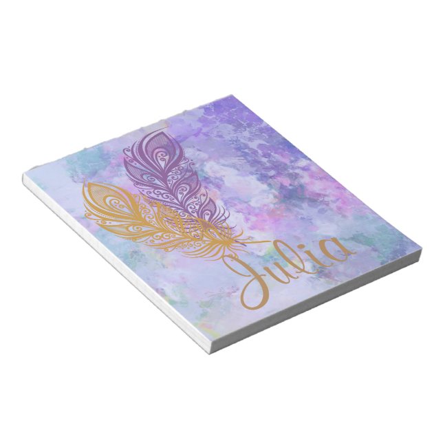 Purple & Gold Feathers Watercolor Fantasy Notepad (Angled)