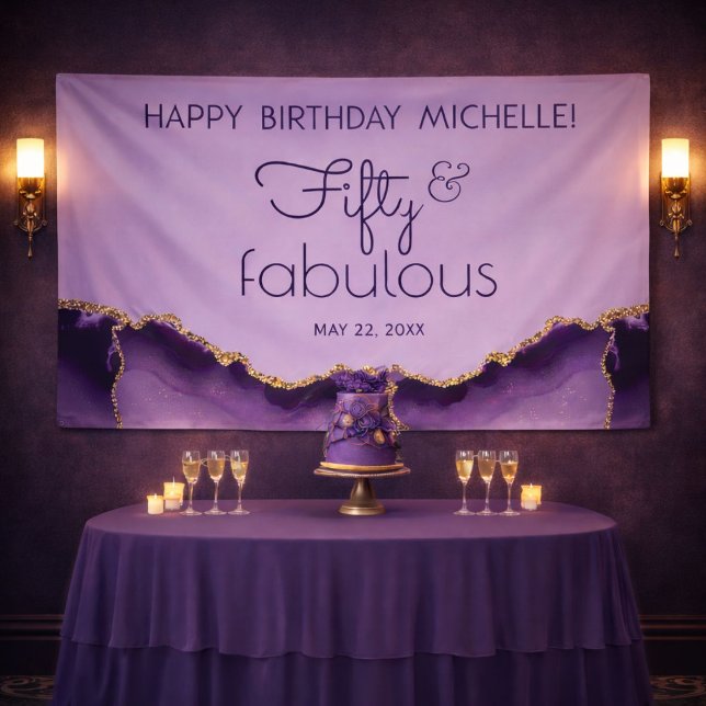 Purple Gold Fifty and Fabulous 50th Birthday  Banner (Elegant Fifty & Fabulous banner displayed behind a dessert table in a hotel-style venue.)