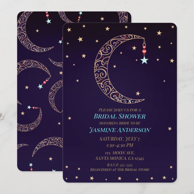 Purple Gold Filigree Moon Celestial Bridal Shower Invitation (Front/Back)