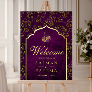 Purple Gold Filigree Muslim Wedding Welcome Sign