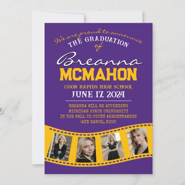 Purple & Gold Filmstrip Graduation Announcement (Front)