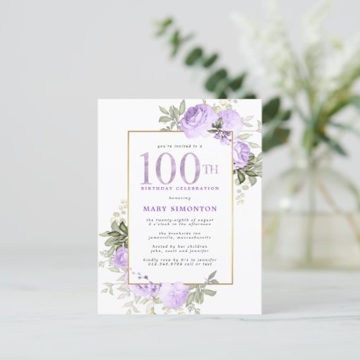 Purple Gold Floral 100th Birthday Party Invitation | Zazzle