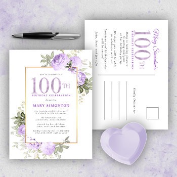 Purple Gold Floral 100th Birthday Party Invitation by Celebrais at Zazzle