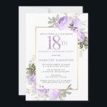 Purple Gold Floral 18th Birthday Surprise Party Invitation<br><div class="desc">Honor a special woman with this elegant and feminine 18th Birthday surprise party invitation. 18th is written in large purple text. Birthday Surprise Party follows. The honored guest's name is also in purple capital letters. The remainder of the text is soft dove grey. The 18th birthday celebration details are surrounded...</div>