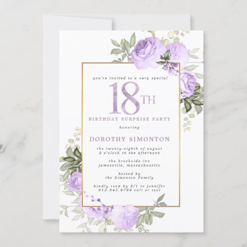 Purple Gold Floral 18th Birthday Surprise Party Invitation