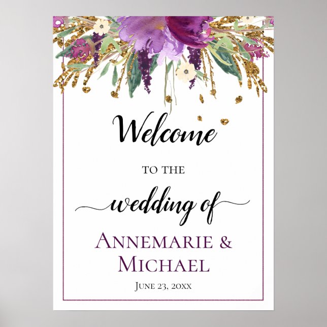 Purple Gold Floral 18x24 Welcome To The Wedding Poster (Front)