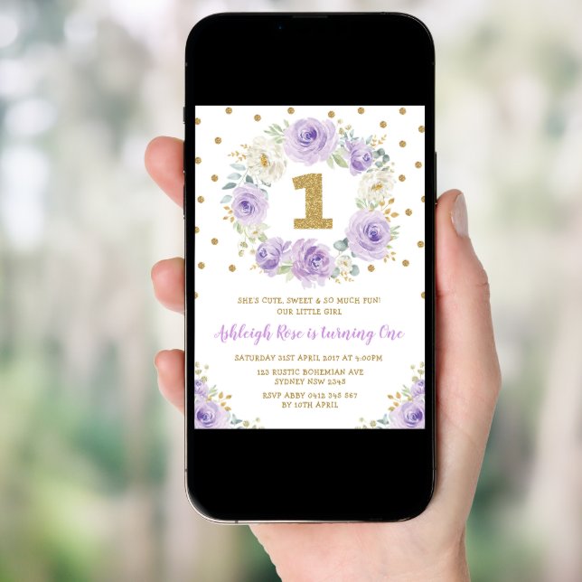Purple Gold Floral 1st Birthday Wild One Party Invitation (Front Digital)