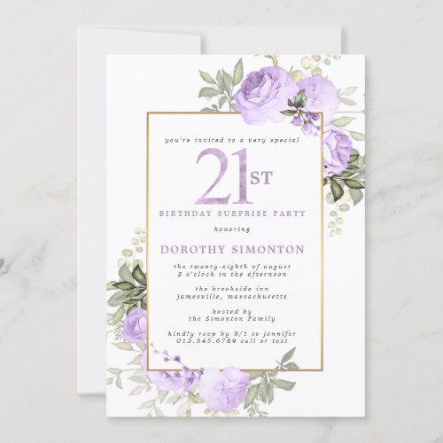 Purple Gold Floral 21st Birthday Surprise Party Invitation