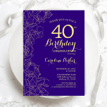 Purple Gold Floral 40th Birthday Party Invitation<br><div class="desc">Purple Gold Floral 40th Birthday Party Invitation. Minimalist modern design featuring botanical outline drawings accents,  faux gold foil and typography script font. Simple trendy invite card perfect for a stylish female bday celebration. Can be customized to any age. Printed Zazzle invitations or instant download digital printable template.</div>