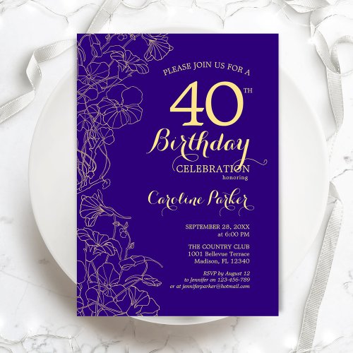 Purple Gold Floral 40th Birthday Party Invitation