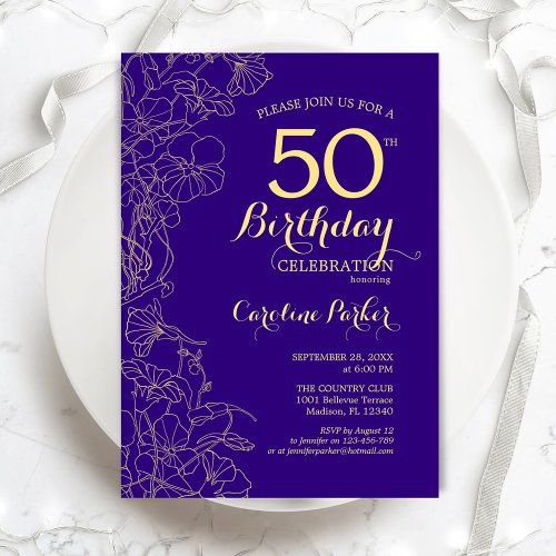 Purple Gold Floral 50th Birthday Party Invitation