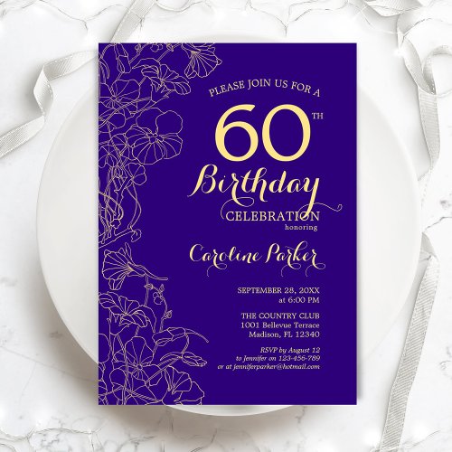 Purple Gold Floral 60th Birthday Party Invitation