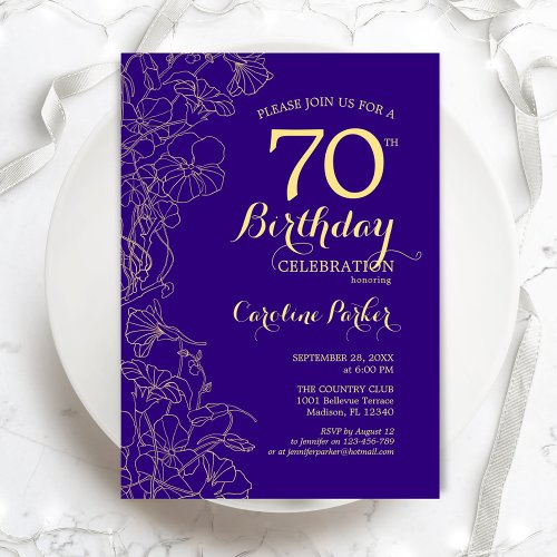 Purple Gold Floral 70th Birthday Party Invitation