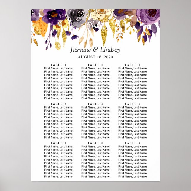 Purple Gold Floral 9 Tables Wedding Seating Chart (Front)