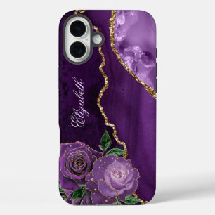 Purple Gold Floral Agate Monogram iPhone 16 Plus Case