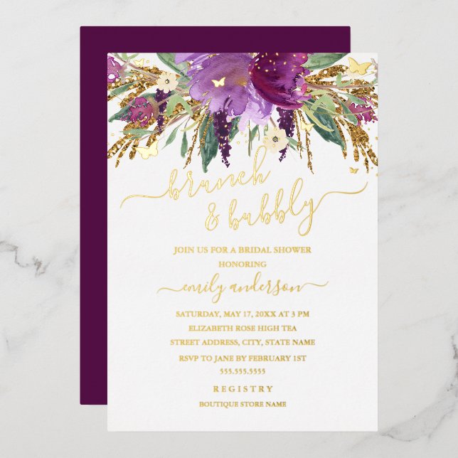Purple Gold Floral Amethyst Bridal Shower Foil Invitation (Front/Back)