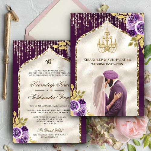 Purple Gold Floral Anand Karaj Sikh Wedding Invitation