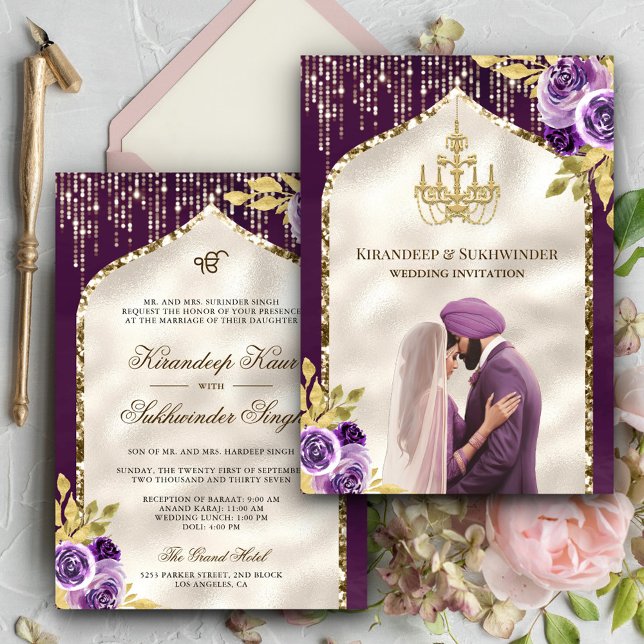 Purple Gold Floral Anand Karaj Sikh Wedding Invitation (Creator Uploaded)